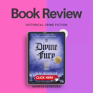 a graphic with two colours split vertical pink and blue with Book Review written on it and the book cover for A Divine Fury by D.V. Bishop.