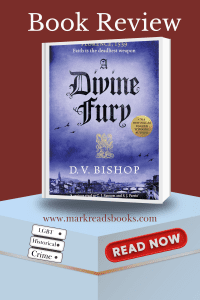 Graphic of the Book cover of A Divine Fury by D.V. Bishop on a pedestal with LGBT, Crime Historical written on it.