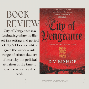 white back ground and a brief high lite of book review written on it with the book cover City of vengeance
By D.V. Bishop suitable for a
Instagram post