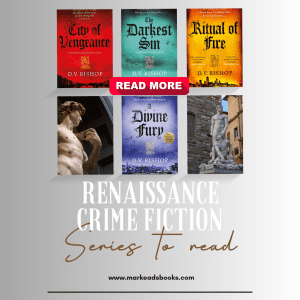 Instagram square post of books in Cesare Aldo series about a renaissance detective by D.V. Bishop 