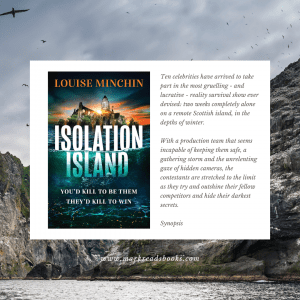 Graphic of a rock in the background with a picture of Isolation Island by Louise Minchin book cover and synopsis