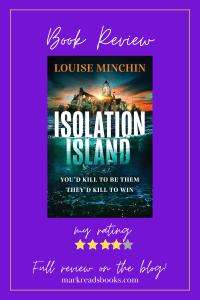 a graphic with a purple background  and 4 stars with the book cover for Isolation Island
by Louise Minchin