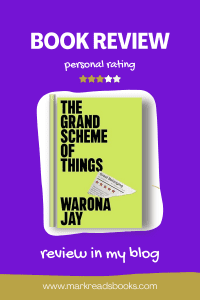 graphic with a purple back ground and the book cover of The Grand Scheme of Things by Warona Jay