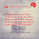 graphic with a pirate ship in the back ground with the quote from Treasure Island by Robert Louis Stevenson “Fifteen men on the Dead Man's Chest Yo-ho-ho, and a bottle of rum! Drink and the devil had done for the rest Yo-ho-ho, and a bottle of rum!”