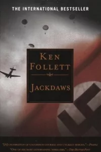 Graphic for Jackdaws Ken Follett Book cover Pinterest pin