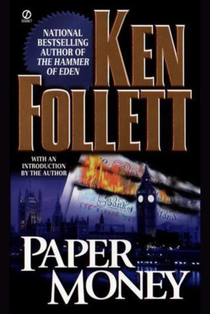Graphic for Paper Money by Ken Follett Book cover Pinterest pin