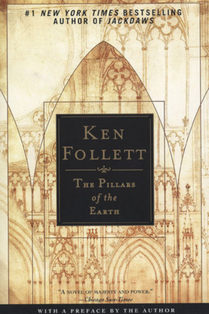 Graphic of The Pillars of the Earth by Ken Follett Book cover suitable for Pinterest