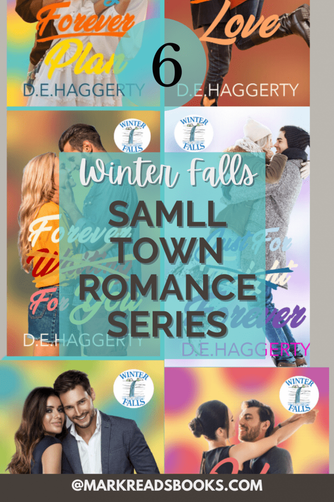 Graphic of Winter Falls series by D.E. Suitable for Pinterest pin