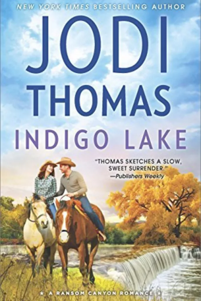 Graphic of Indigo Lake by Jodi Thomas book cover for Pinterest pin
