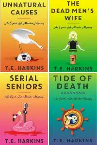 Graphic of Egret's Loft Murder Mysteries by T.E. Harkins book covers suitable for Pinterest 