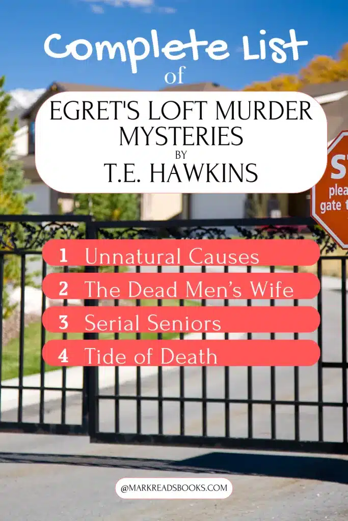 Graphic of Egret's Loft Murder Mysteries by T.E. Hawkins suitable for a Pinterest pin