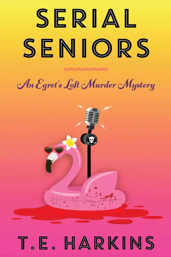 Graphic of Serial Seniors by T.E. Harkins book cover suitable for Pinterest