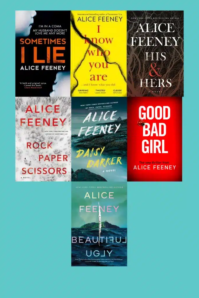 graphic of 7 Alice Feeney Novels book covers Suitable for Pinterest