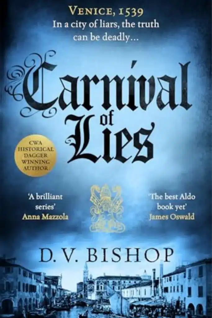 Graphic of Carnival of Lies by D.V. Bishop Book cover for Pinterest