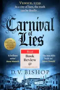Graphic of Carnival of Lies by D.V. Bishop Pinterest pin