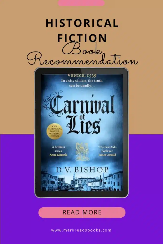 Graphic of Carnival of Lies by D.V. Bishop Pinterest pin 