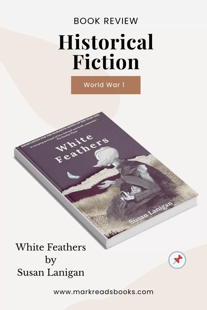 graphic of White Feathers by Susan Lanigan review Pinterest pin