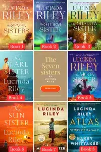 Graphic of all The Seven Sisters series by Lucinda Riley book covers Pinterest pin