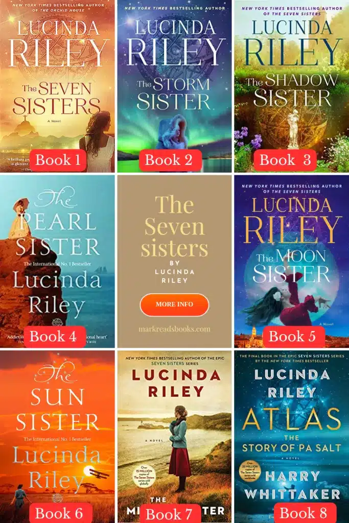 Graphic of all The Seven Sisters series by Lucinda Riley book covers Pinterest pin