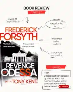 graphic of Revenge of Odessa by Frederick Forsyth with Tony Kent review Instagram post